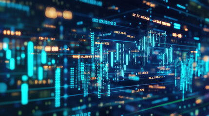 Obraz premium Abstract digital waves and lines symbolize economic fluctuations and changing trends, showing the flow of economic data in blue and green tones.
