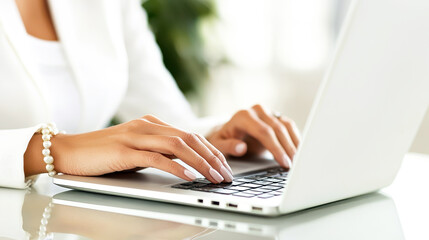 Naklejka premium Woman Typing on Laptop in Modern Workspace