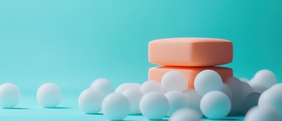 Two colorful soap bars surrounded by white foam balls on a turquoise background.