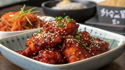 Colorful Korean Fried Chicken with Spicy Glaze and Sesame Seeds in a Modern Restaurant Setting