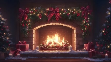 Cozy winter scene with a fireplace, Christmas decorations, and gifts.