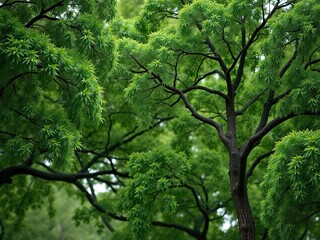 Lush green background of oak trees with a bird perched on a branch, animal, summer