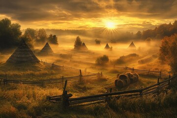 Fototapeta premium Foggy Farmland at Sunset: A vast farmland with old wooden fences and haystacks.