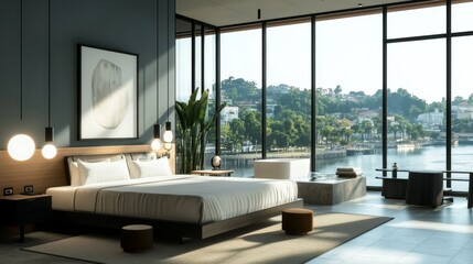 Fototapeta premium Minimalist Hotel Room with City View: A sleek, minimalist hotel room featuring a floor-to-ceiling window showcasing a breathtaking cityscape. Modern hotel room interior. 