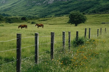 Obraz premium Two horses grazing peacefully in a green meadow behind a wooden fence