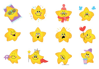 Cute stars. Positive kawaii star surprised smile drinking rest on beach. Yellow characters in various poses and expressions, emotional nowaday vector set