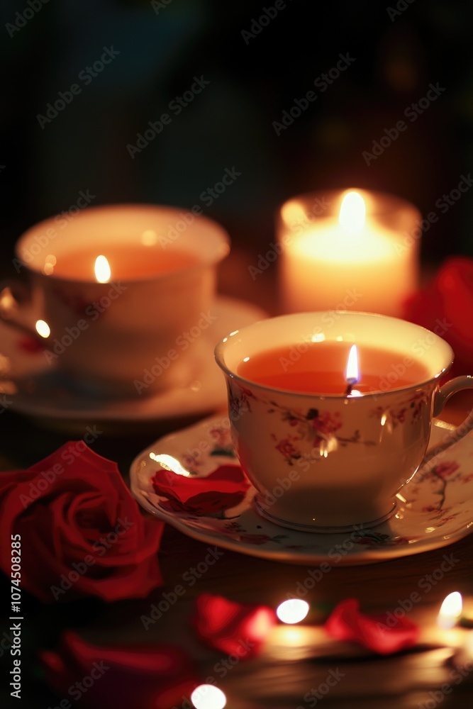 Poster A delicate tea cup and saucer on a rustic table with a soft glow from the candle