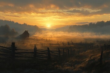 Foggy Farmland at Sunset: A vast farmland with old wooden fences and haystacks.