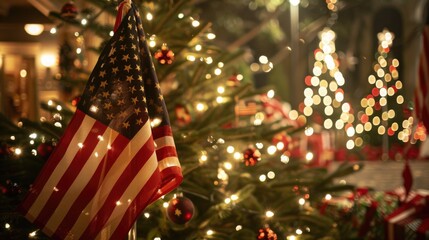 An American flag hung on a decorated Christmas tree, symbolizing patriotism and holiday cheer