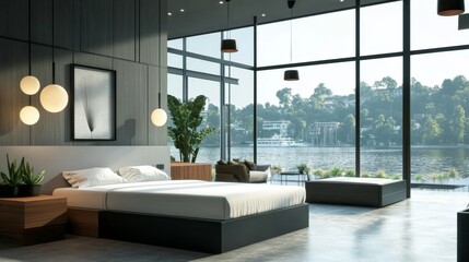 Minimalist Hotel Room with City View: A sleek, minimalist hotel room featuring a floor-to-ceiling window showcasing a breathtaking cityscape. Modern hotel room interior. 