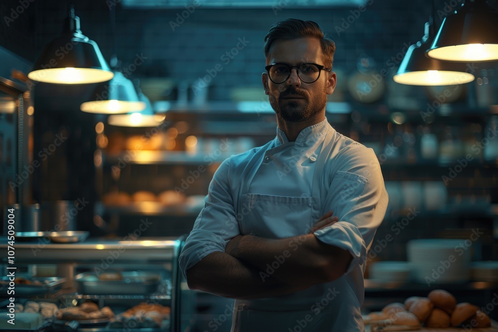 Poster a person stands in front of a kitchen counter, with various utensils and appliances visible