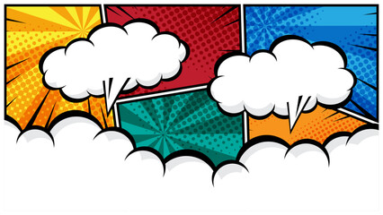 horizontal comic speech bubble in white cloud on a vibrant pop art background flat design