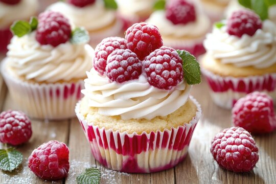 Close-up of sweet treats with fresh raspberries and creamy frosting