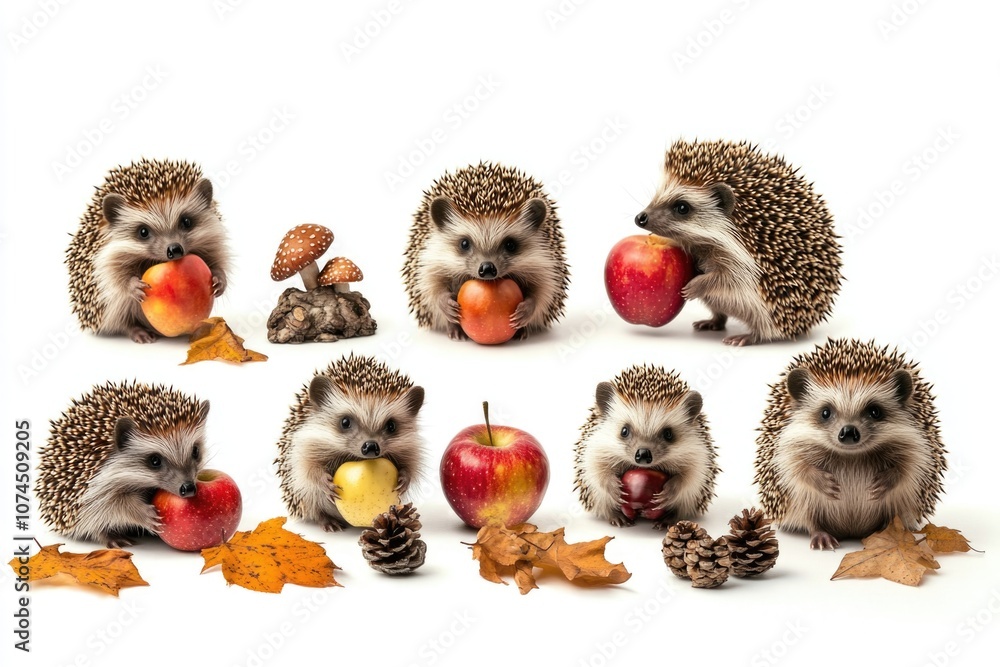 Poster group of hedgehogs snacking on apples and leaves in nature