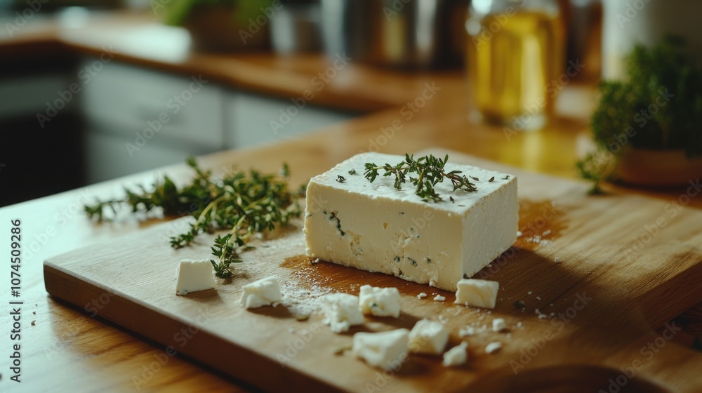 Poster a wooden cutting board featuring a block of cheese, perfect for serving and presenting at gatherings