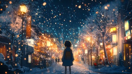 A young girl stands in a snowy street, illuminated by colorful lights at night.