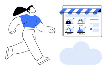 Woman walking past a virtual storefront displaying handbags and accessories next to a cloud icon. Ideal for online shopping, e-commerce, digital retail, cloud technology, consumer behavior, modern