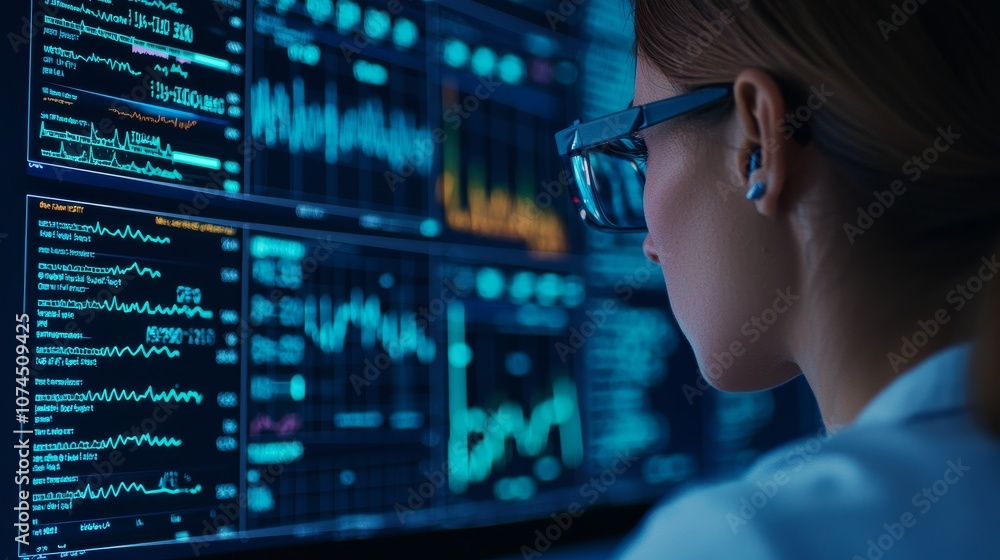 Poster woman in lab coat looking at computer screen with data.