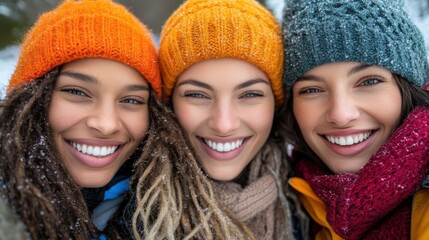 Three women smiling joyfully in colorful winter hats during a snowy day.