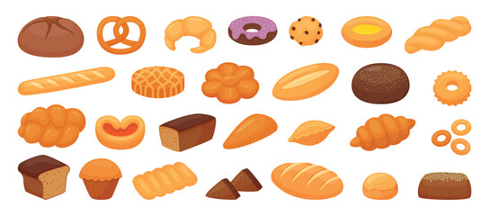 Cartoon pastry and bread. Isolated french baguette, croissant, buns rolls, cookies and pie. Breads from rye or wheat flour. Bakery neoteric vector products