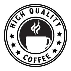 Black and white coffee emblem featuring a steaming cup, perfect for branding cafes and coffee products.