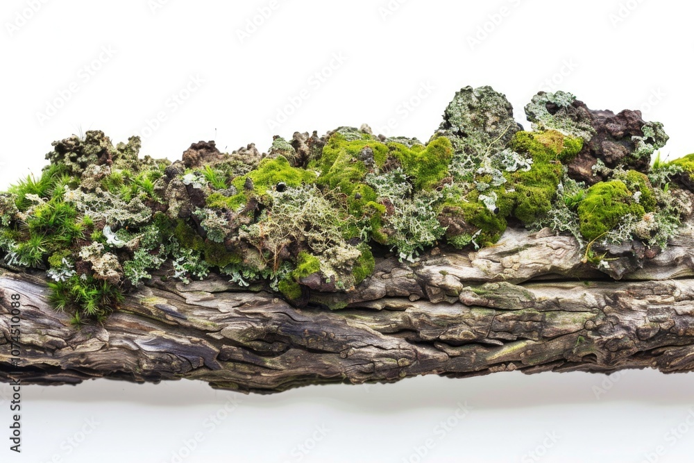 Poster close-up of a piece of wood with moss and greenery growing on it, ideal for nature-themed designs or