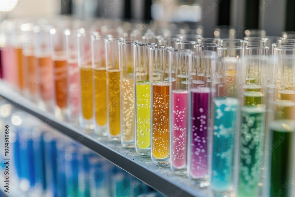 Poster a collection of test tubes containing variously colored liquids, suitable for laboratory or science-