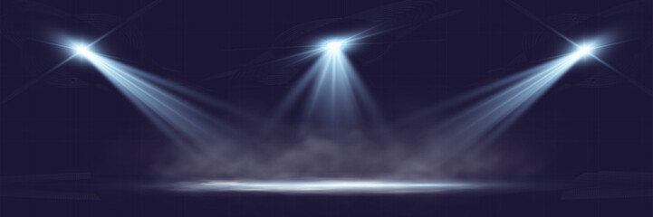 Stage with smoke and spotlights. Smoky scene. Vector illustration.	
