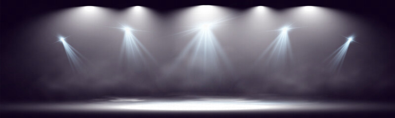 Stage with smoke and spotlights. Smoky scene. Vector illustration.	
