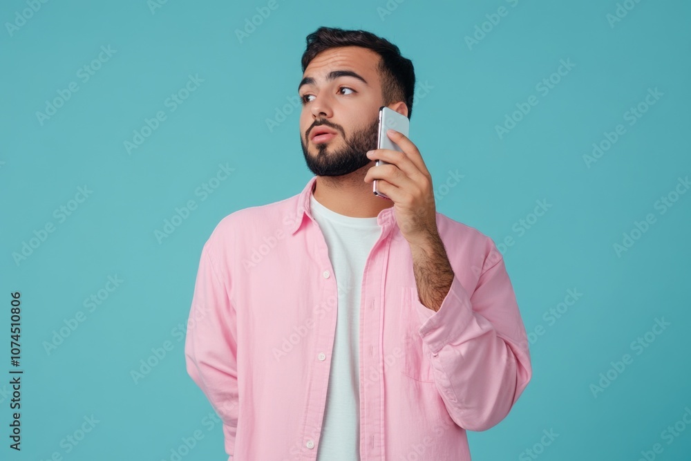Poster A person holding a mobile device and speaking into it, possibly having a conversation or checking messages