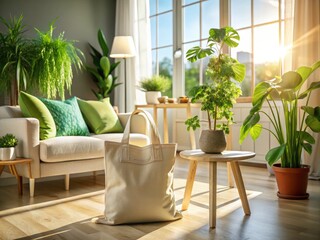 Eco-friendly Canvas Bag in Sunlit Modern Living Room - Minimalist Interior, Sustainable Living, Natural Light, Contemporary Design, Stylish Accessories, Eco-Conscious Lifestyle