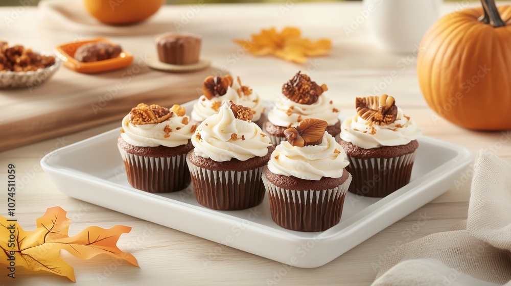 Poster delicious autumn-inspired cupcakes adorned with creamy frosting and crunchy toppings on a rustic tab