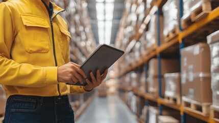 Warehouse worker using tablet.