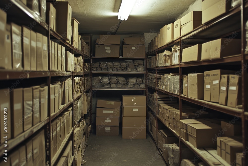 Aufkleber A cluttered storage room packed with numerous boxes and crates, ideal for use in illustrations about organization, business, or moving