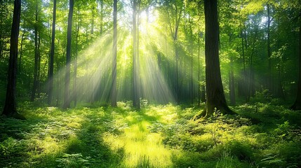 A tranquil forest with sunlight.