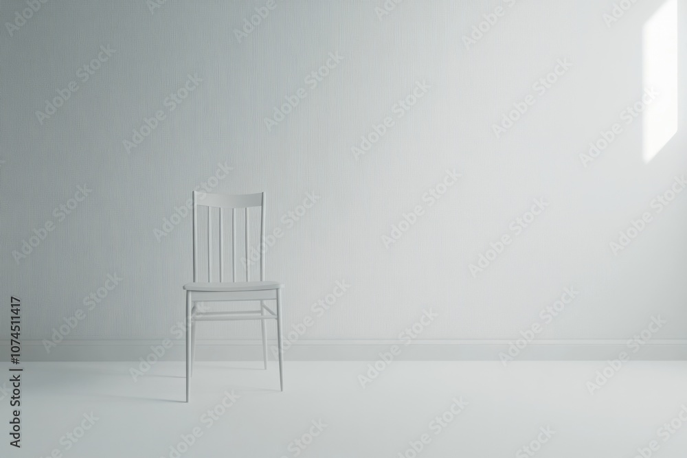 Poster a simple white chair placed in a minimalist white room with a large window