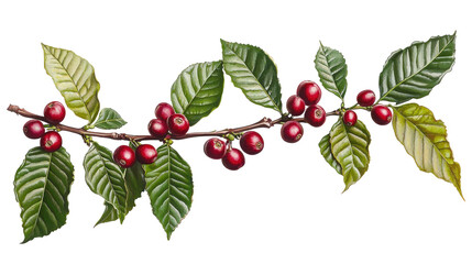 Red Coffee Berries on Branch with Green Leaves