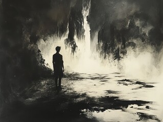Obraz premium A solitary figure stands in a dramatic landscape, surrounded by mist and shadows, evoking a sense of mystery and introspection.