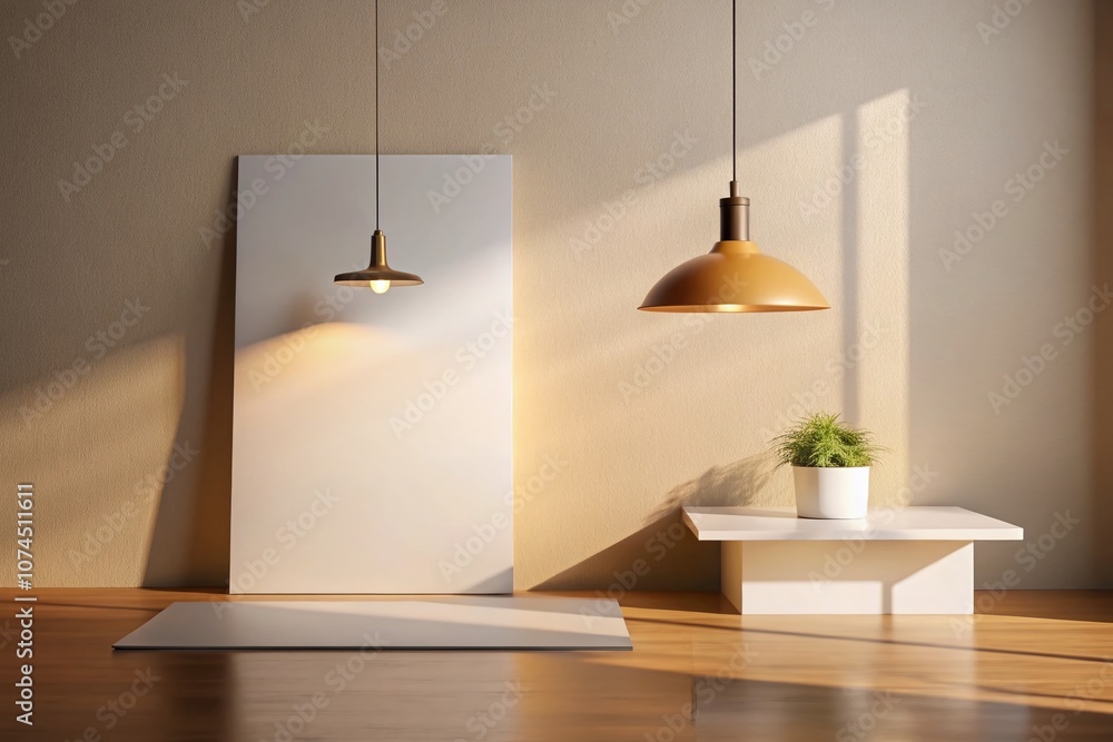 Poster minimalistic interior with blank paper under a hanging lamp – a calm and clean workspace setting ide