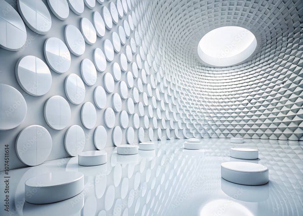 Poster minimalistic white geometric background featuring futuristic round shapes for clean design presentat