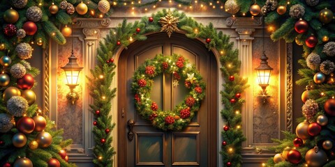 Obraz premium Elegant Garland Framing a Doorway with Ornaments - Festive Illustration Art for Holiday Decor, Home Design, and Seasonal Celebrations