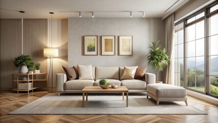 Elegant Living Room with Spacious Sofa and Minimalistic Decor for Personalized Artwork Display