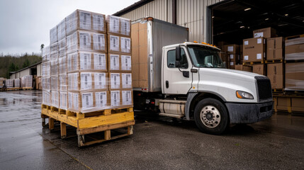 Naklejka premium Semi Truck Loading Cardboard Boxes.