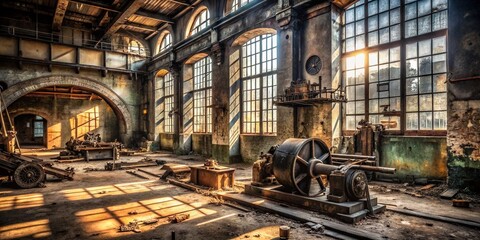 Minimalist Photography of Abandoned Industrial Machinery in a Dilapidated Factory Room Showcasing Rusting Equipment, Broken Windows, and Textured Surfaces