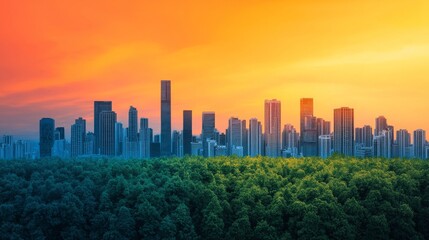 Obraz premium Cityscape Skyline with Sunset and Trees