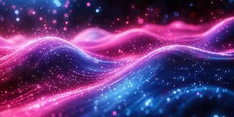 Obraz premium Luminous Digital Waves of Neon Particles in Stunning Blue and Pink Colors Highlighting the Beauty of Light and Motion in Abstract Art