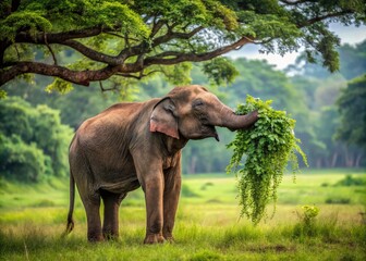 Fototapeta premium Minimalist Photography of a Sri Lankan Elephant Grazing, Pulling Leaves from a Tree with a Gentle Rustle Amidst Lush Greenery in a Serene Natural Setting