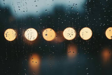 Raindrops on window create blurred view of glowing lights outside, evoking cozy and reflective atmosphere