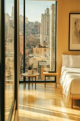 Fototapeta premium Minimalist Hotel Room with City View: A sleek, minimalist hotel room featuring a floor-to-ceiling window showcasing a breathtaking cityscape. Modern hotel room interior. 