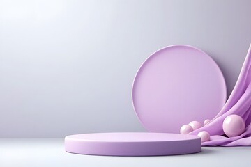 Soft Lavender Podium with Matte Finish, Surrounded by Spheres and Draped Fabric, Ideal for Displaying Products or Creating a Minimalistic Scene